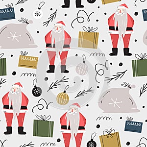 Christmas vector seamless pattern. Gift bag, Santa Claus, gifts, decorations. Hand-drawn simple design