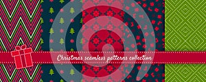 Christmas vector seamless patterns collection. Set of Winter holiday backgrounds