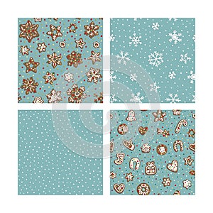 Christmas vector set background. Seamless winter pattern. Gingerbread snowflakes stars gifts heart house on traditional