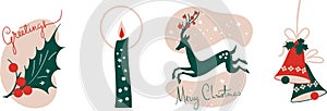 Christmas vector set with bells, deer, candle and