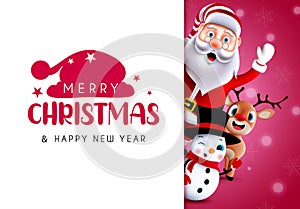 Christmas vector template design. Merry christmas typography text in white space with happy santa and snowman characters.