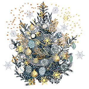 Christmas vector tree in vintage hand drawn style with golden snowflakes