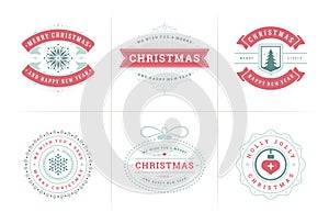 Christmas vector typography ornate labels and badges, happy new year and winter holidays wishes vector illustration