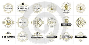 Christmas vector typography ornate labels and badges, happy new year and winter holidays wishes for vector illustration