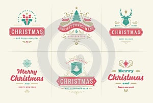 Christmas vector typography ornate labels and badges, happy new year and winter holidays wishes for vector illustration