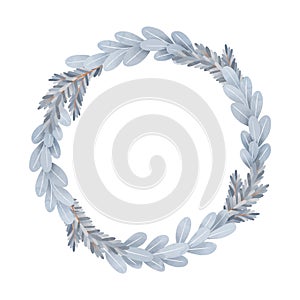Christmas vector wreath. Winter children illustration. Laurel wreath with blue fir branches and leaves. Perfect for wedding