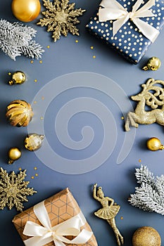 Christmas vertical blue background, xmas poster, social media stories banner design. Christmas gift boxes, gold bauble and