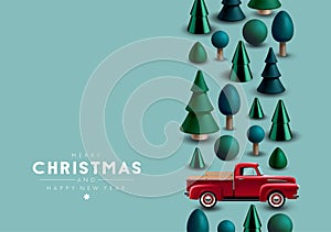 Christmas vertical border with Christmas trees and  vintage toy red pickup truck.