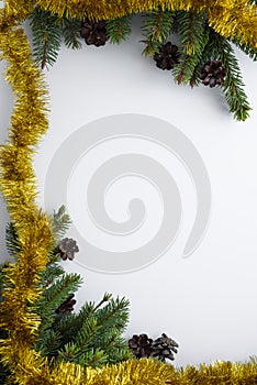 Christmas vertical composition. Evergreen tree branches, cones and gold tinsel. White background with space for text