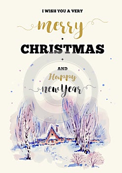 Christmas vertical frame vector card with winter landscape greet