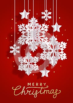 Christmas vertical greeting card with paper snowflakes and stars on red background for Your holiday design