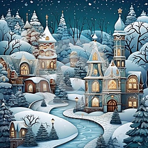 Christmas village with cute houses. Happy new year and merry christmas. Generative Ai Art. Winter forest