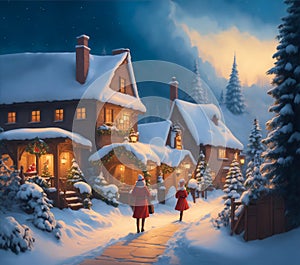 Christmas village with decorated wooden houses, Santa Claus, New Year tree with decorations on New Year's night