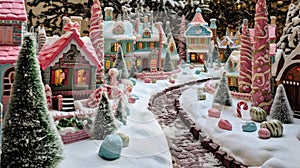 christmas village with greens and reds and pinks a long snowy path leading to colorful