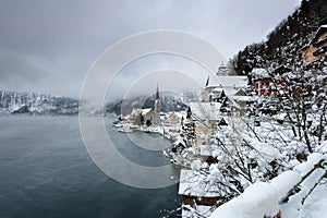 The Christmas village of Hallstatt in the Austrian Alps, in winter time covered with snow