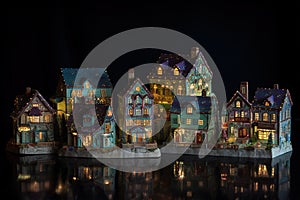 Christmas village houses made of cloisonné enamel, isometric, reflections