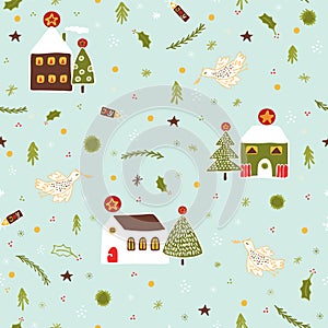 Christmas Village Houses Vector Pattern