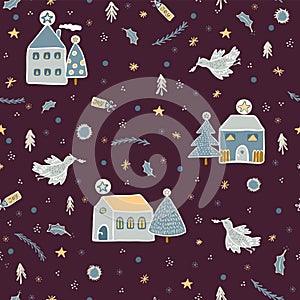 Christmas Village Houses Vector Pattern