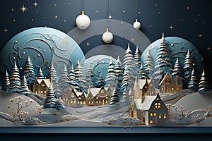 Christmas village night landscape paper Illustration . Winter holidays night time.