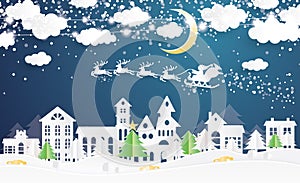 Christmas Village and Santa Claus in Sleigh in Paper Cut Style