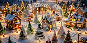 Christmas village in the snow at sunset. Christmas and New Year background. AI generated