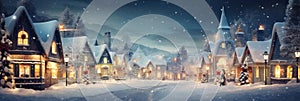 Christmas village with Snow in vintage style at night. Winter village landscape with Christmas tree with lights