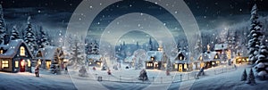 Christmas village with Snow in vintage style at night. Winter village landscape with Christmas tree with lights