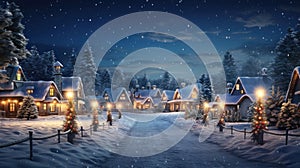 Christmas village with Snow in vintage style at night. Winter village landscape with Christmas tree with lights