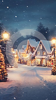 Christmas village with Snow in vintage style at night. Winter village landscape with Christmas tree with lights