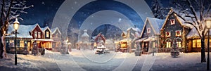 Christmas village with Snow in vintage style at night. Winter village landscape with Christmas tree with lights
