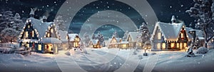 Christmas village with Snow in vintage style at night. Winter village landscape with Christmas tree with lights