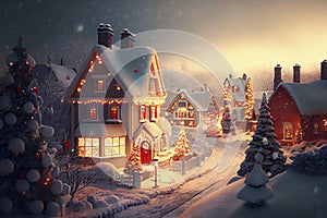 Christmas village with snow. Winter village landscape. Christmas holidays. Generative ai illustration