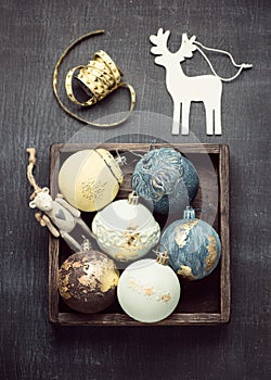 Christmas vintage balls in a wooden box And Christmas petro decorations