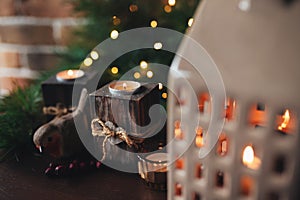 Christmas vintage candles and candlestick, christmas lights, christmas tree