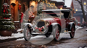 Christmas Vintage Car Parked Outside The Festively Christmas Decorated Shops. Generative AI