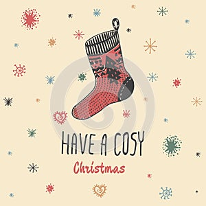 Christmas vintage card with with hand drawn knitted sock and text 'Have a Cosy Christmas'