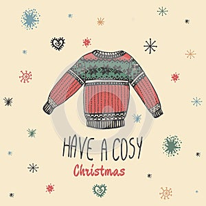 Christmas vintage card with with hand drawn sweater and text 'Have a Cosy Christmas'