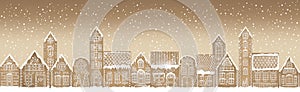 Christmas Vintage Gingerbread village background. Winter landscape Horizontal border. Greeting card template.