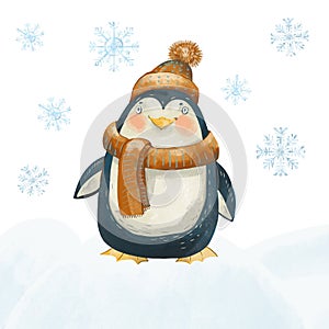 Christmas vintage greeting card with cute penguin