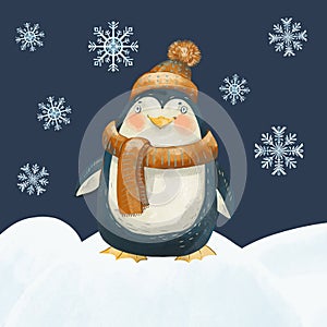 Christmas vintage greeting card with cute penguin