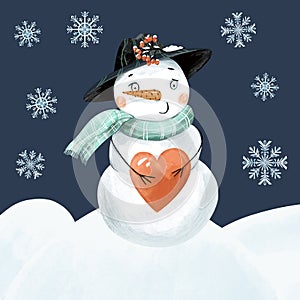 Christmas vintage greeting card with cute snowman