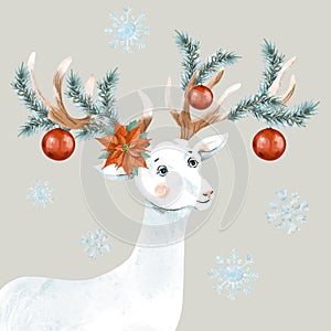 Christmas vintage greeting card with cute white deer