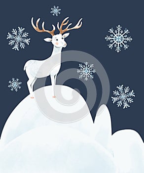 Christmas vintage greeting card with cute white deer