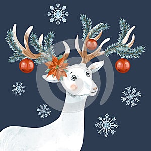 Christmas vintage greeting card with cute white deer