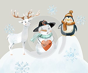 Christmas vintage greeting card with cute white deer, penguin and snowman