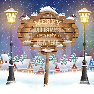 Christmas vintage greeting card on winter village