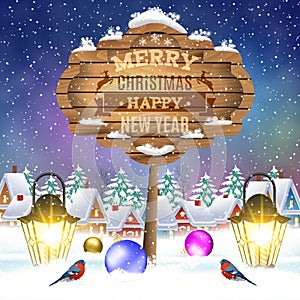 Christmas vintage greeting card on winter village