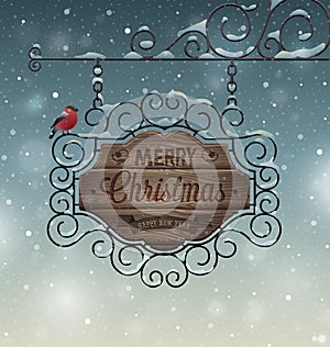 Christmas vintage greeting card - wooden signboard