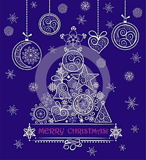 Christmas vintage greeting violet card with decorative lacy golden tree and hanging baubles