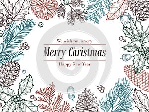 Christmas vintage invitation. Winter fir pine branches, pinecones floral border. Christmas, xmas botanical sketch frame